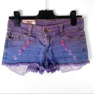 1st Kiss Tie Dye Denim Jean Shorts Purple Blue Distressed Frayed Hem Stretch